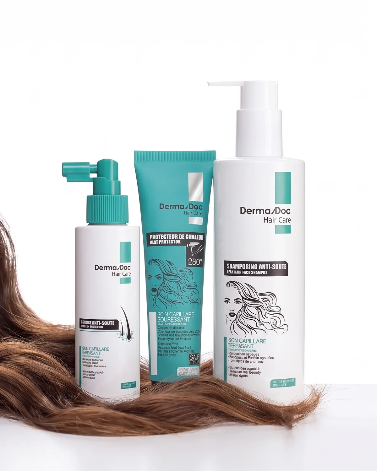 Lotion anti-chute, protecteur de chaleur et shampooing DermaDoc posés sur une chevelure.
